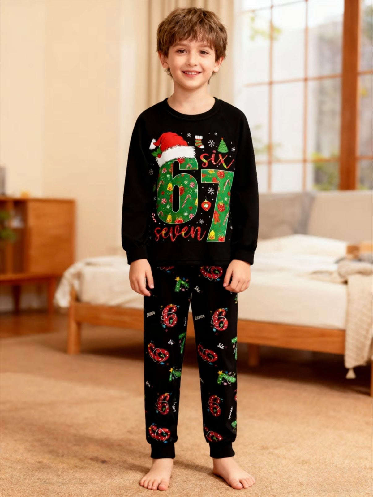 Kids Christmas Matching Pajama Set – “Six & Seven” Holiday Print (Top & Bottom)