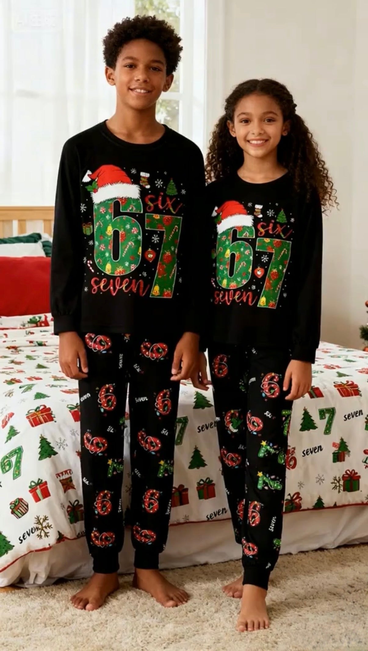 Kids Christmas Matching Pajama Set – “Six & Seven” Holiday Print (Top & Bottom)